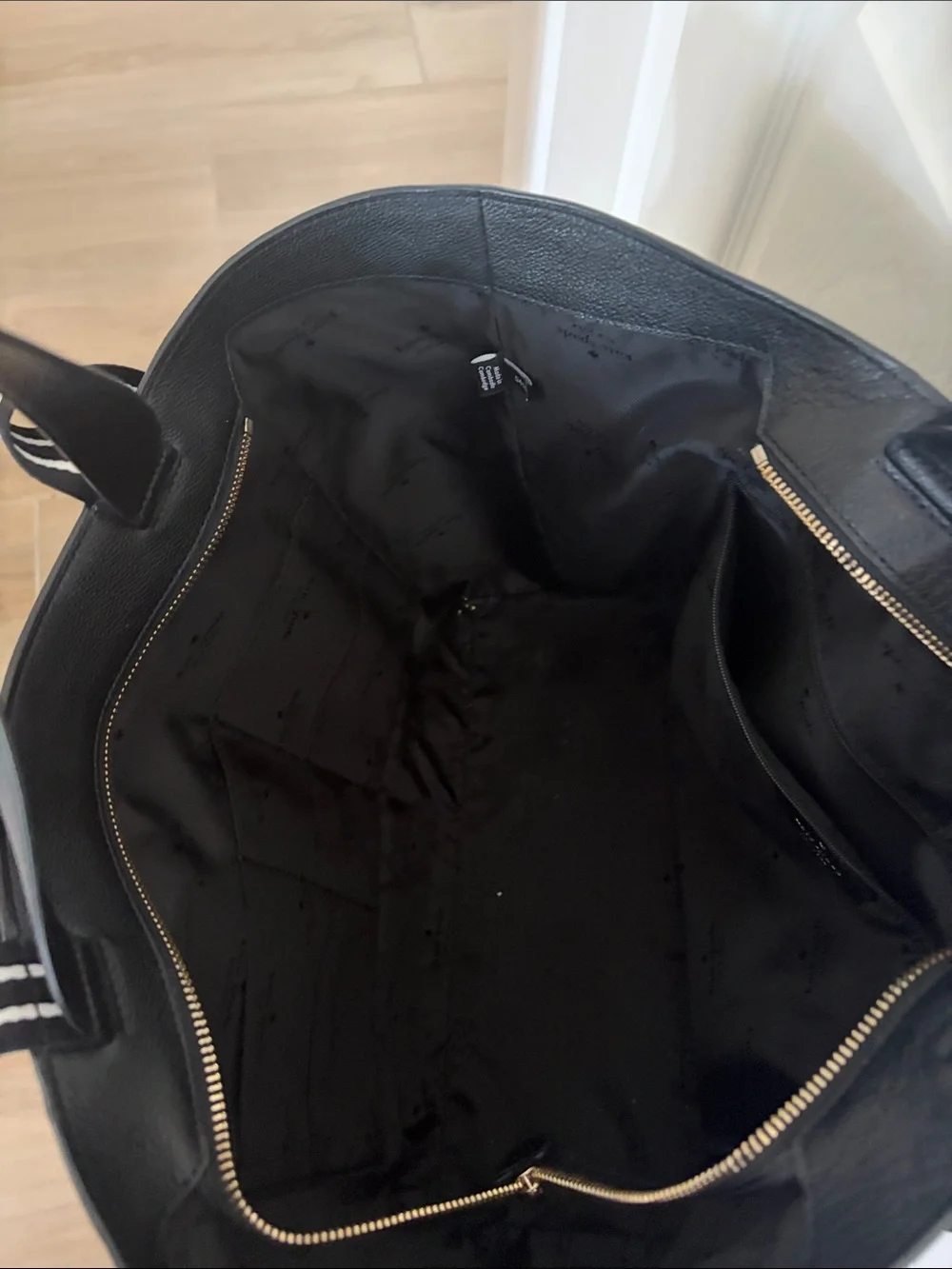 kate spade Black Pebbled Leather Tote with Striped Shoulder Straps